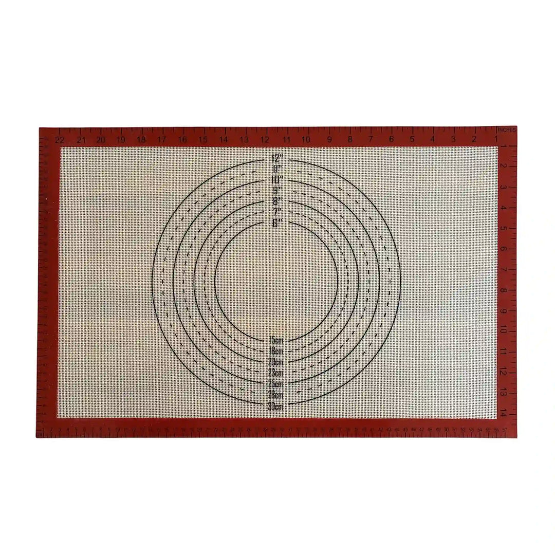 NoStik red-trimmed silicone prep and roll baking mat with printed measurement circles